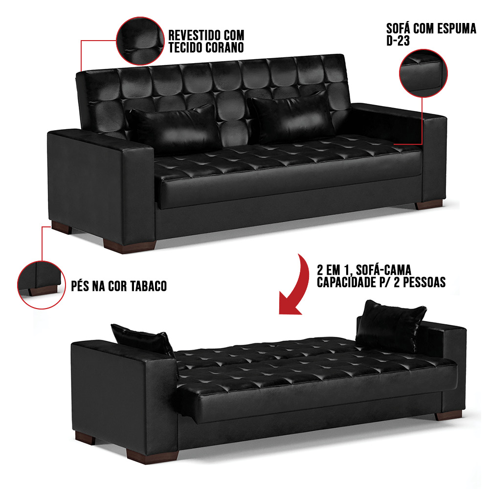 Sofá Cama 02 Lugares Lisboa Corano Preto  - D'Rossi