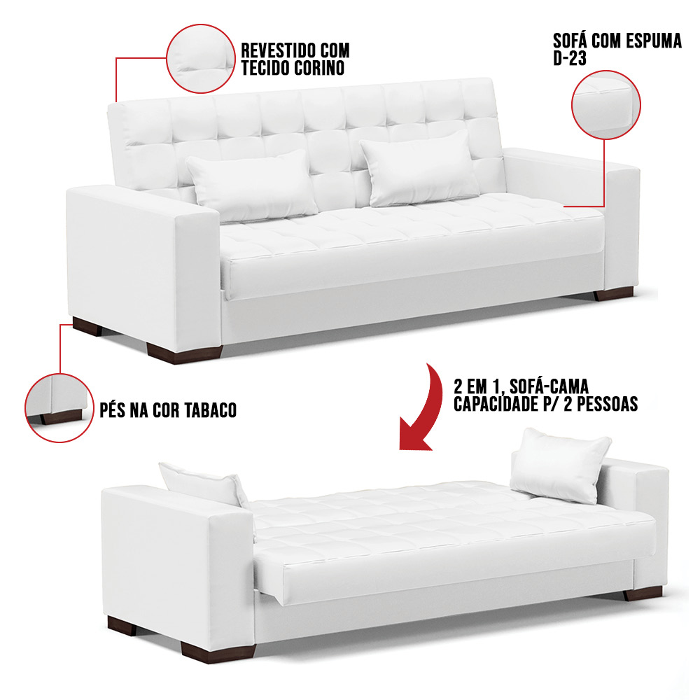 Sofá Cama 02 Lugares Lisboa Corino Branco - D'Rossi