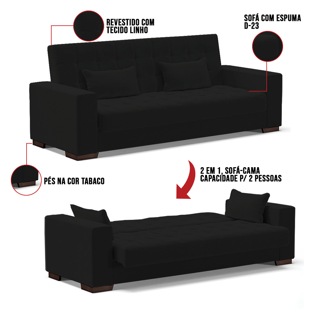 Sofá Cama 02 Lugares Lisboa Linho Preto A79  - D'Rossi