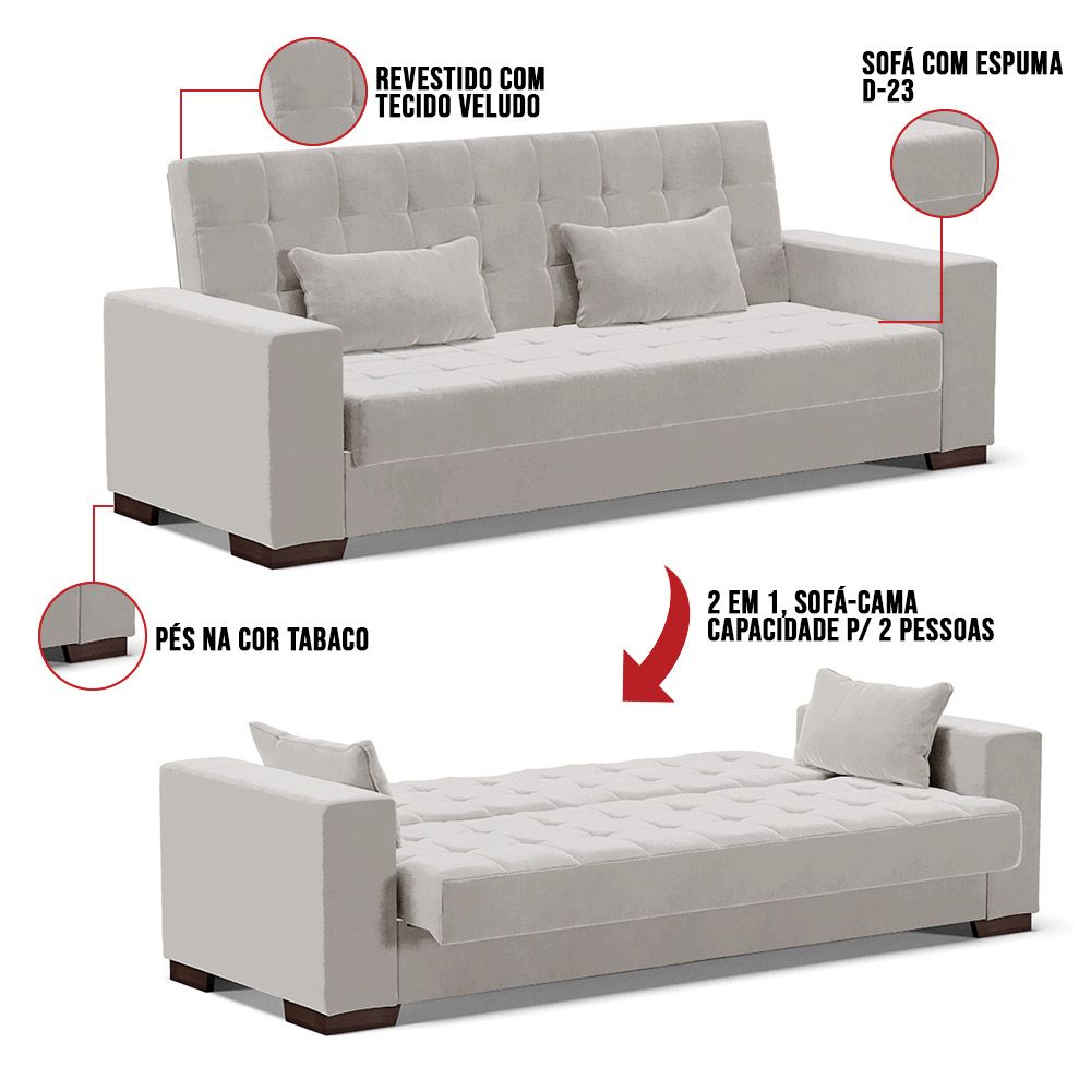 Sofá Cama 02 Lugares Lisboa Veludo Cinza  - D'Rossi