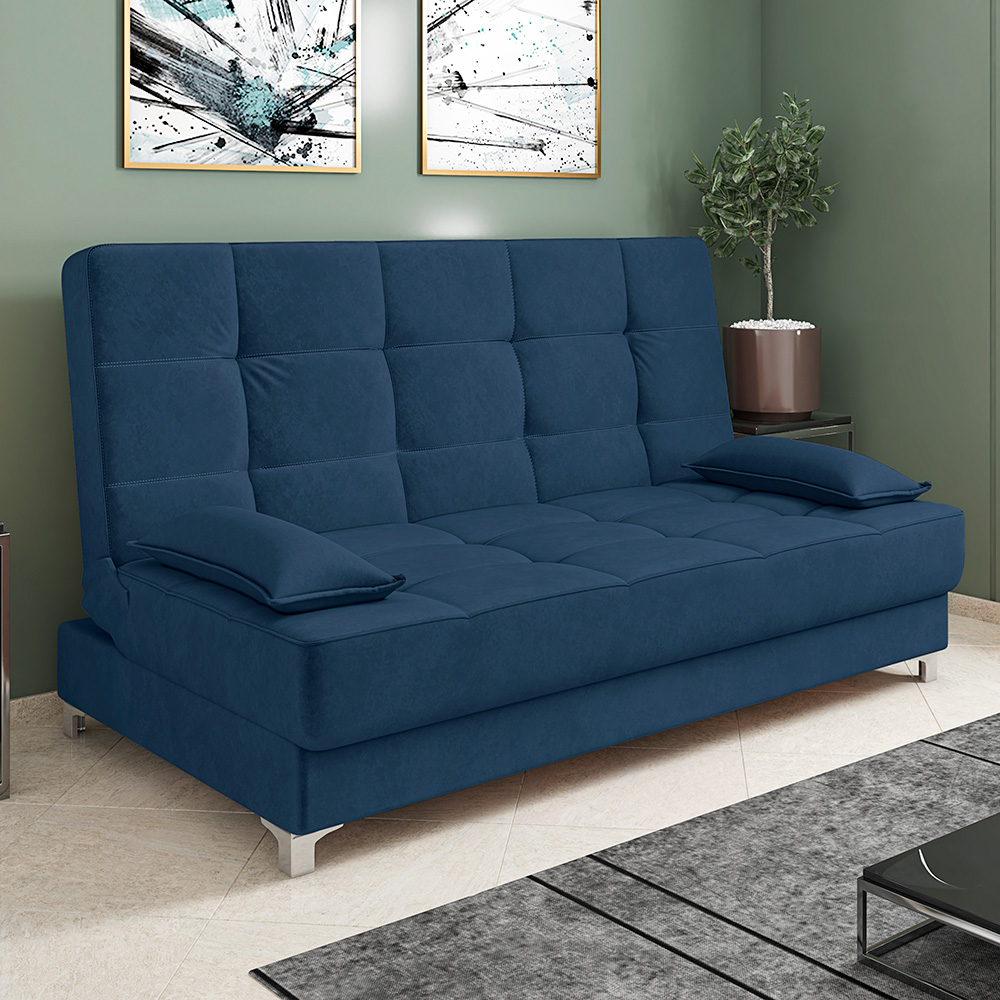 Sofá Cama Equador 193 cm Encosto Reclinável Veludo Azul Marinho Pés Plástico Cromado - D'Rossi