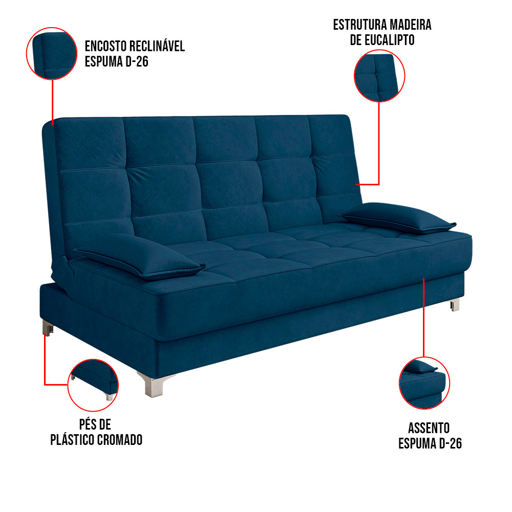 Sofá Cama Equador 193 cm Encosto Reclinável Veludo Azul Marinho Pés Plástico Cromado - D'Rossi