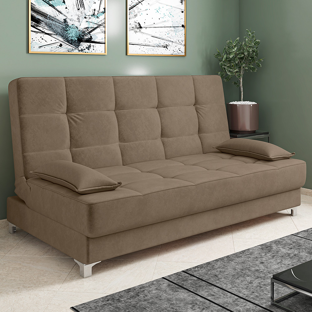 Sofá Cama Equador 193 cm Encosto Reclinável Veludo Cappucino Pés Plástico Cromado - D'Rossi