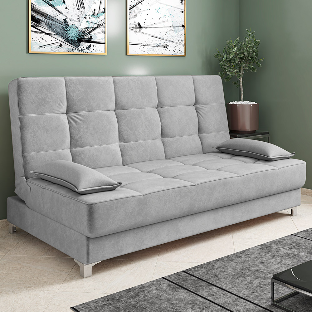 Sofá Cama Equador 193 cm Encosto Reclinável Veludo Cinza Pés Plástico Cromado - D'Rossi