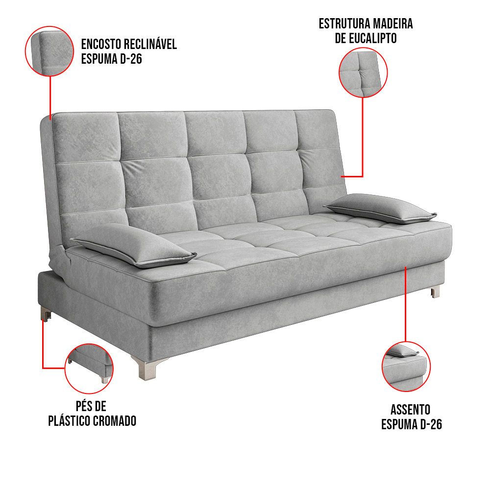 Sofá Cama Equador 193 cm Encosto Reclinável Veludo Cinza Pés Plástico Cromado - D'Rossi
