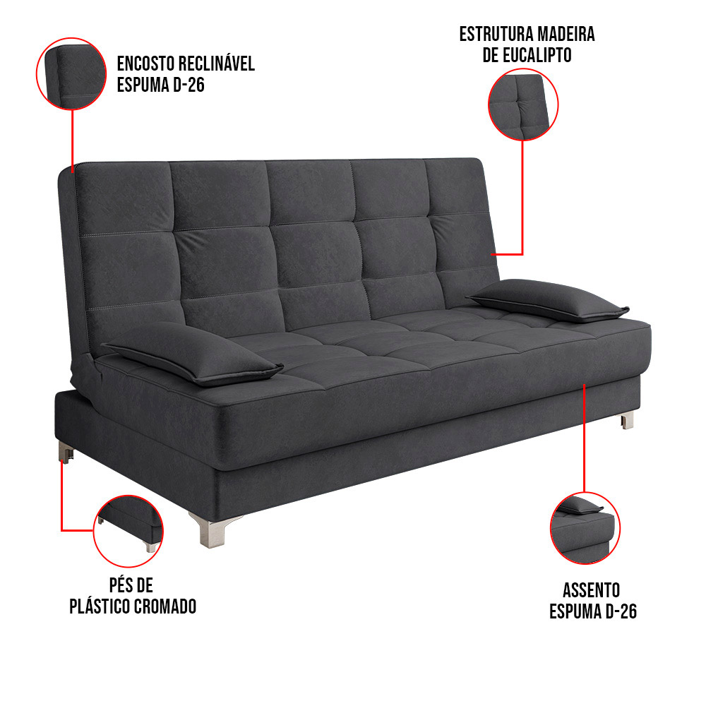 Sofá Cama Equador 193 cm Encosto Reclinável Veludo Grafite Pés Plástico Cromado - D'Rossi