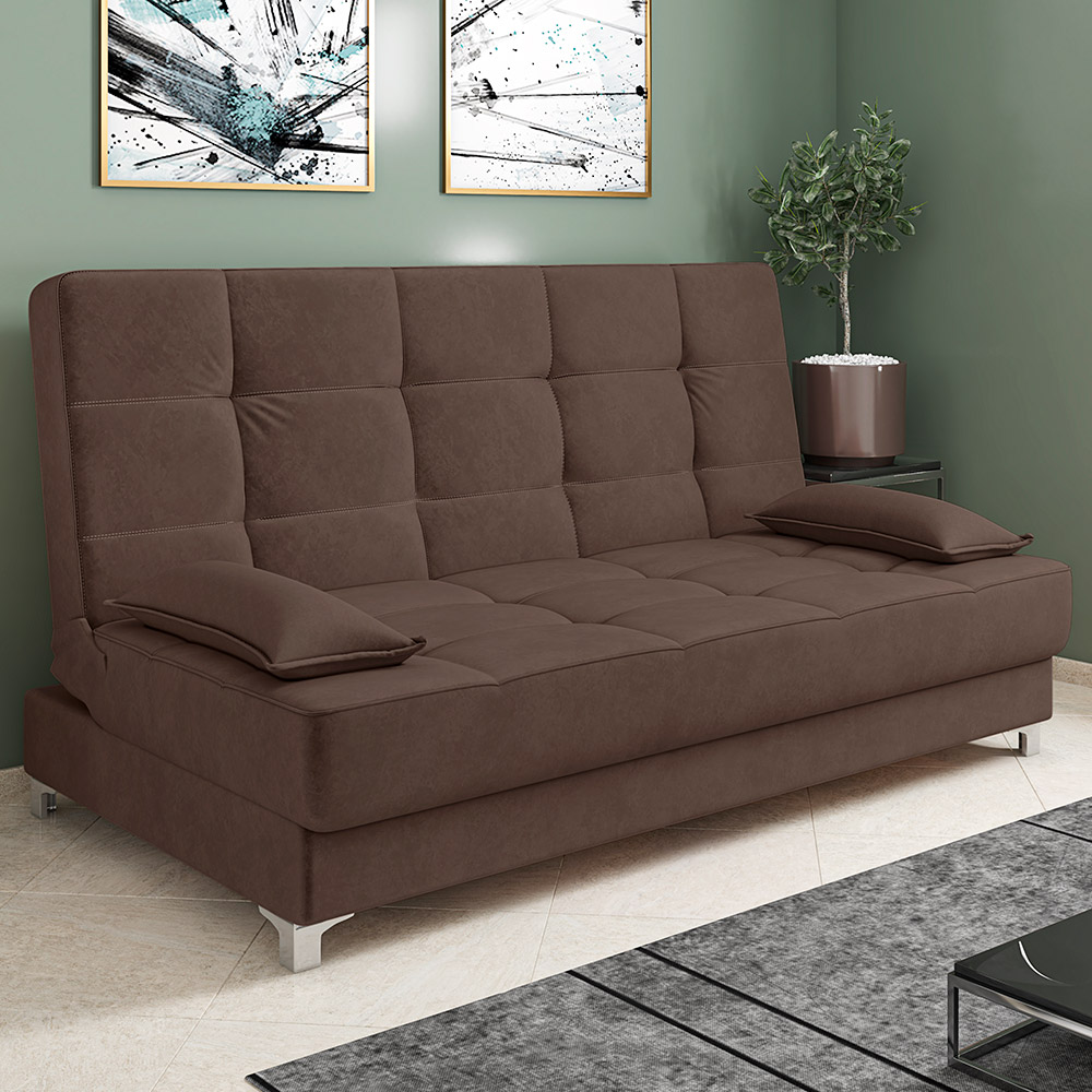 Sofá Cama Equador 193 cm Encosto Reclinável Veludo Marrom Pés Plástico Cromado - D'Rossi