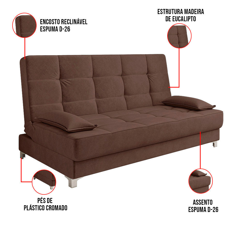 Sofá Cama Equador 193 cm Encosto Reclinável Veludo Marrom Pés Plástico Cromado - D'Rossi
