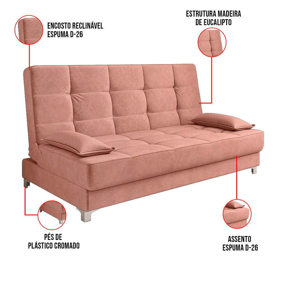 Sofá Cama Equador 193 cm Encosto Reclinável Veludo Rosê Pés Plástico Cromado - D'Rossi