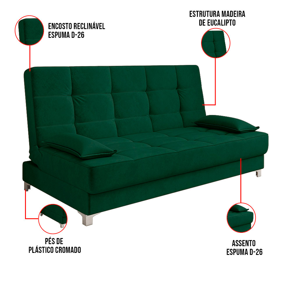 Sofá Cama Equador 193 cm Encosto Reclinável Veludo Verde Militar Pés Plástico Cromado - D'Rossi