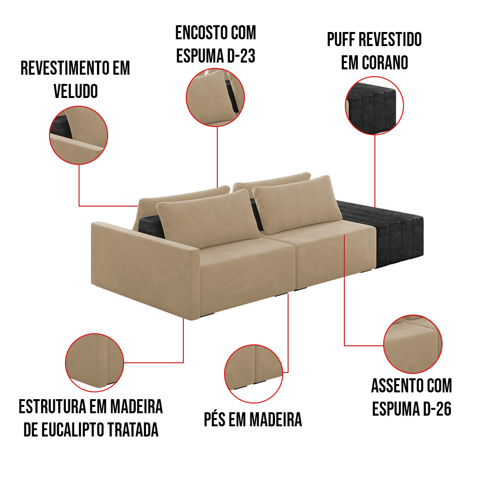Sofá Ilha 2 Lugares Living 232cm Modulado Sala Lary Veludo Bege/PU Pto K01 - D'Rossi