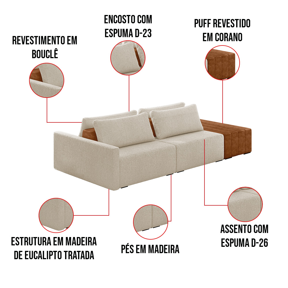 Sofá Ilha 2 Lugares Living 232cm Modulado para Sala Lary Bouclê Bege K01 - D'Rossi