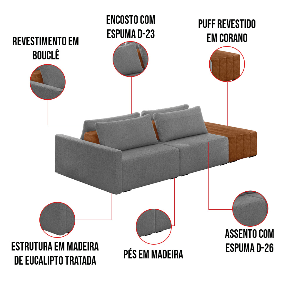 Sofá Ilha 2 Lugares Living 232cm Modulado para Sala Lary Bouclê Cinza K01 - D'Rossi