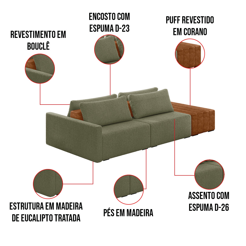 Sofá Ilha 2 Lugares Living 252cm Modulado para Sala Lary Bouclê Verde K01 - D'Rossi
