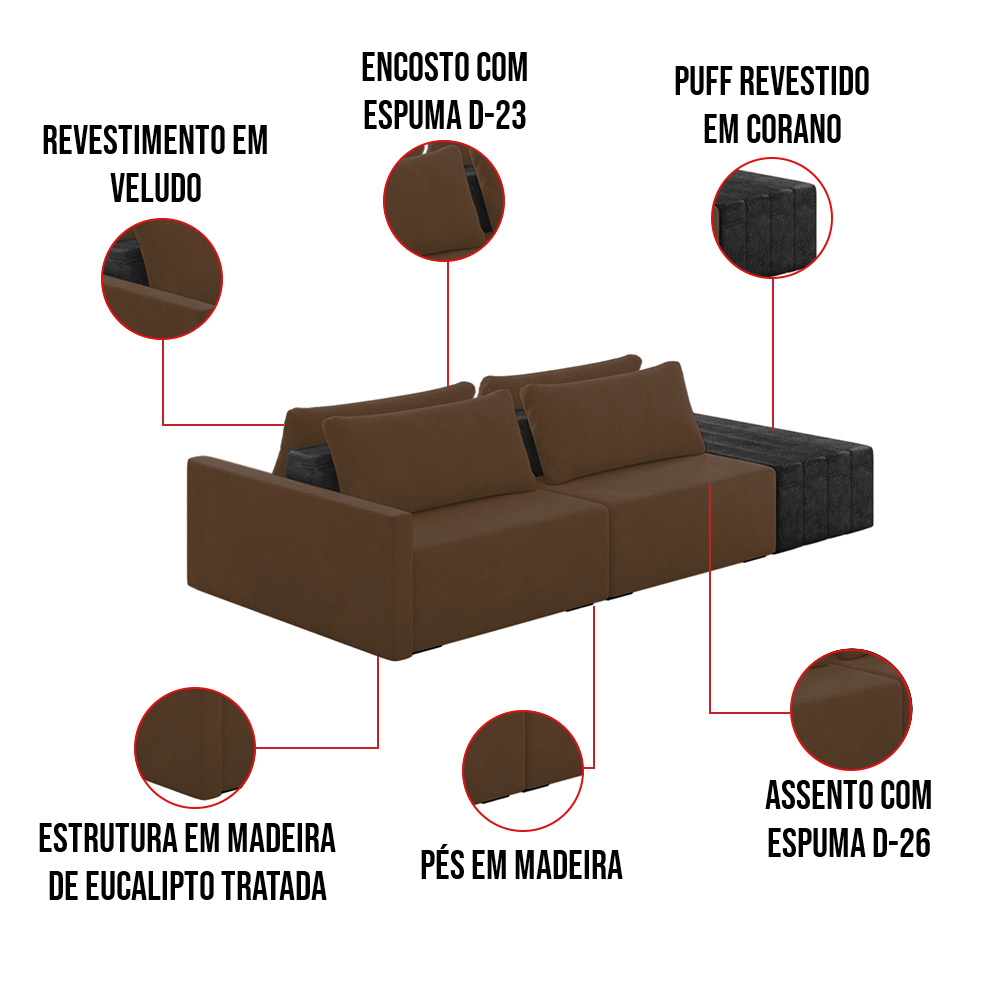 Sofá Ilha 2 Lugares Living 272cm Modulado Sala Lary Veludo Marrom/PU Pto K01 - D'Rossi