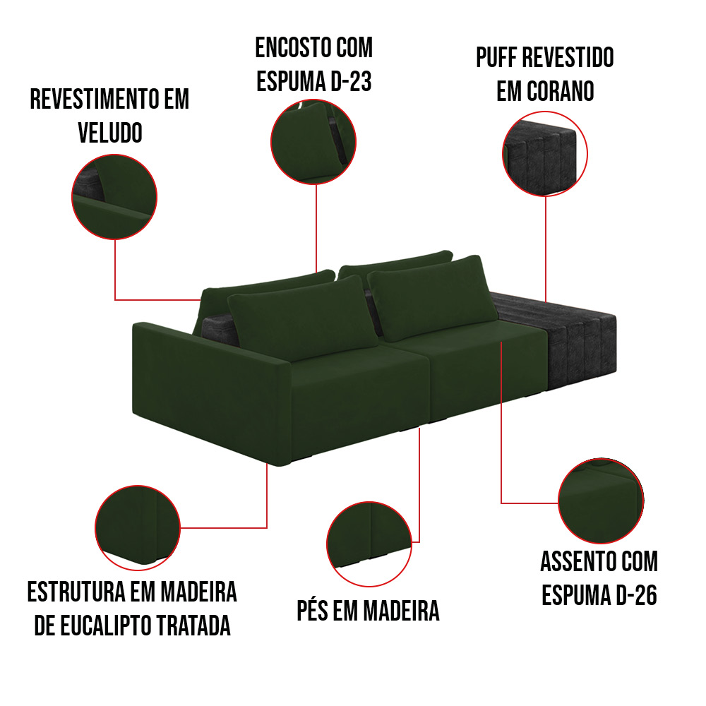 Sofá Ilha 2 Lugares Living 272cm Modulado Sala Lary Veludo Verde/PU Pto K01 - D'Rossi