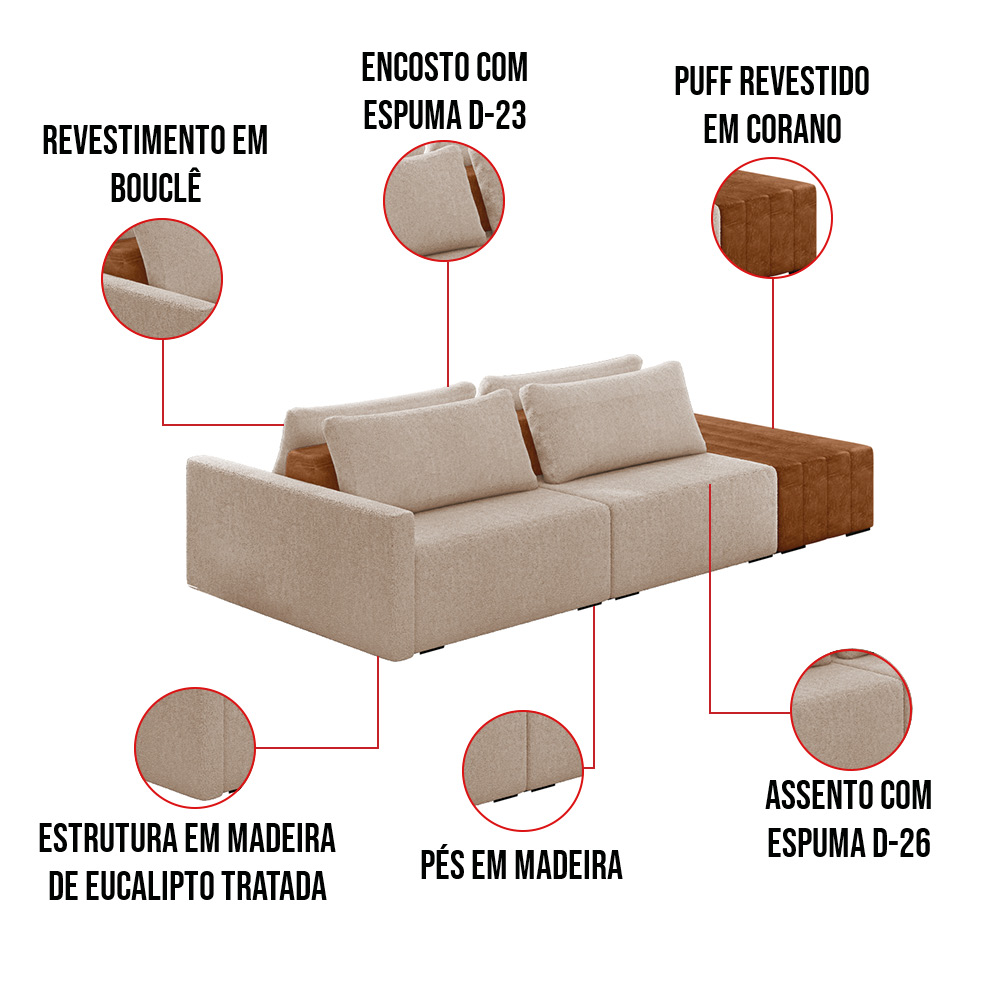Sofá Ilha 2 Lugares Living 272cm Modulado para Sala Lary Bouclê Creme K01 - D'Rossi