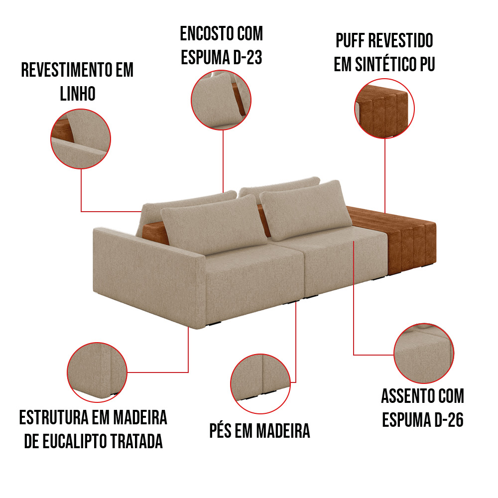 Sofá Ilha 2 Lugares Living 272cm Modulado para Sala Lary Linho Bege K01 - D'Rossi