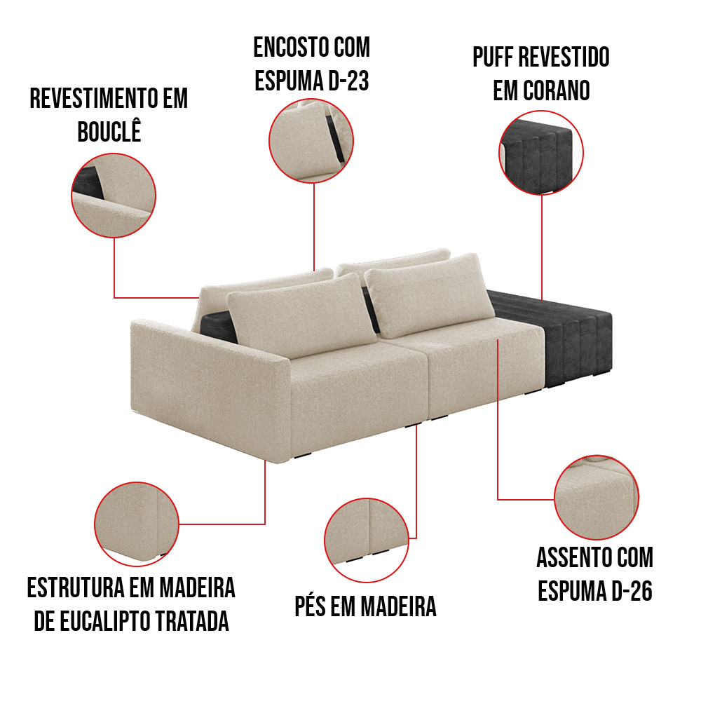 Sofá Ilha 2 Lugares Living 292cm Modulado Sala Lary Bouclê Bege/PU Pto K01 - D'Rossi