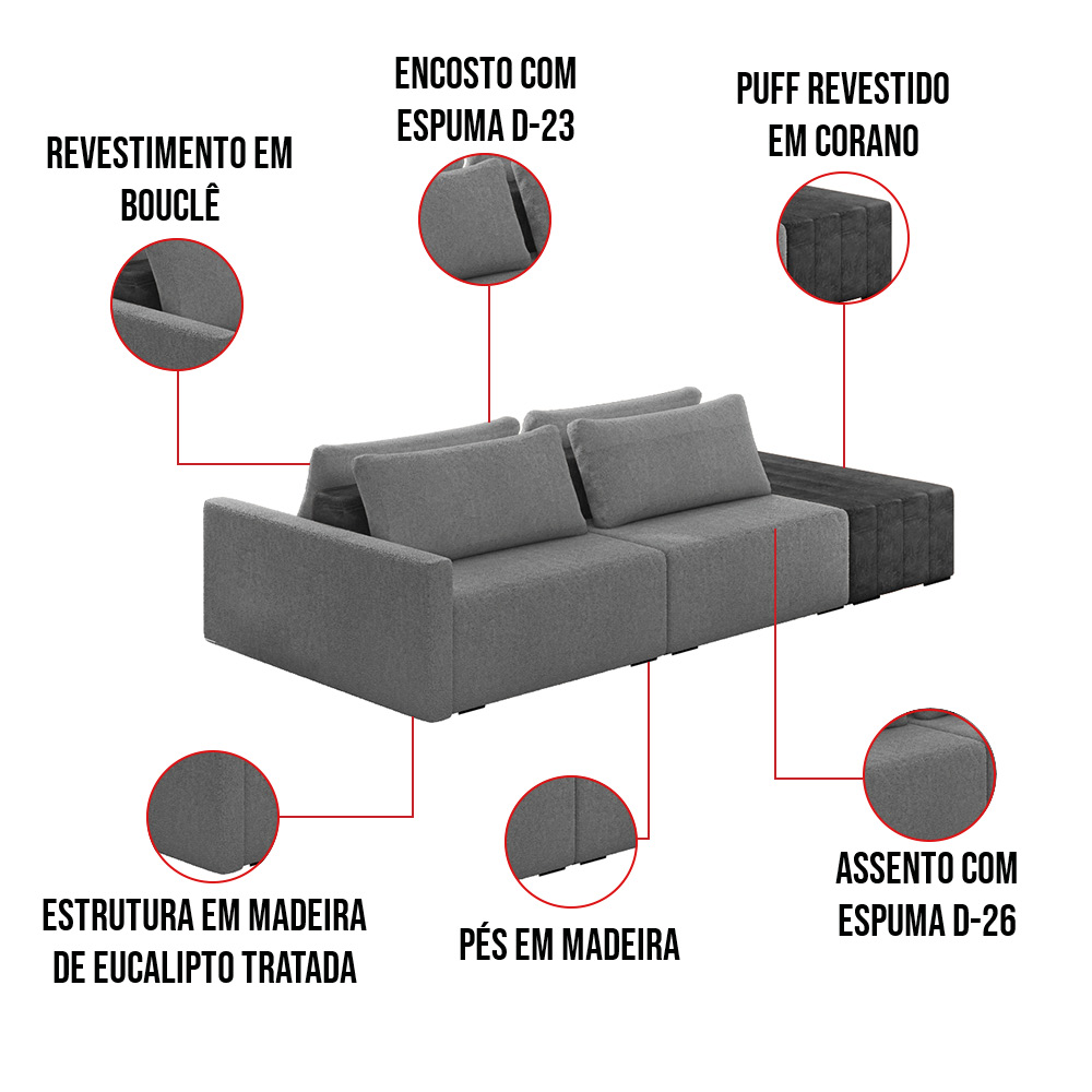 Sofá Ilha 2 Lugares Living 292cm Modulado Sala Lary Bouclê Cinza/PU Pto K01 - D'Rossi