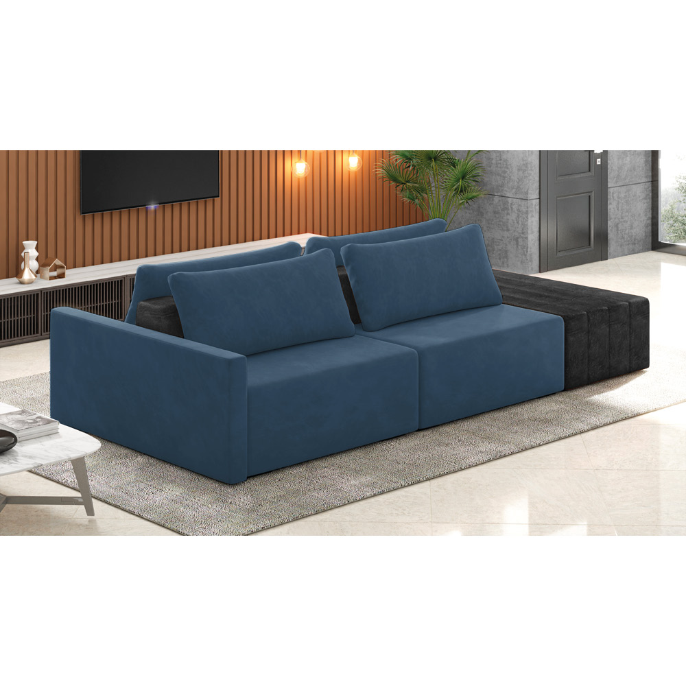 Sofá Ilha 2 Lugares Living 292cm Modulado Sala Lary Veludo Azul Marinho/PU Pto K01 - D'Rossi