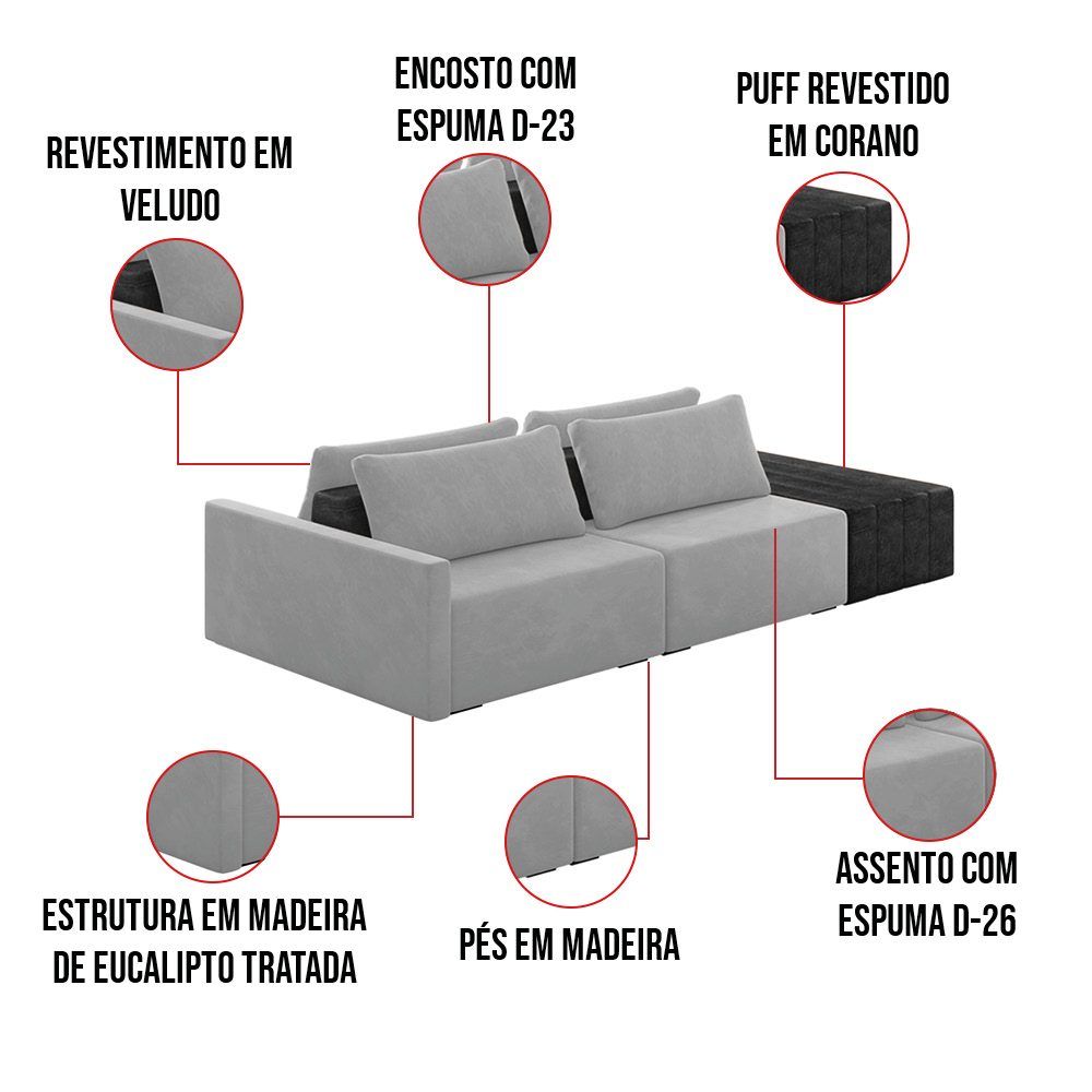 Sofá Ilha 2 Lugares Living 292cm Modulado Sala Lary Veludo Cinza/PU Pto K01 - D'Rossi