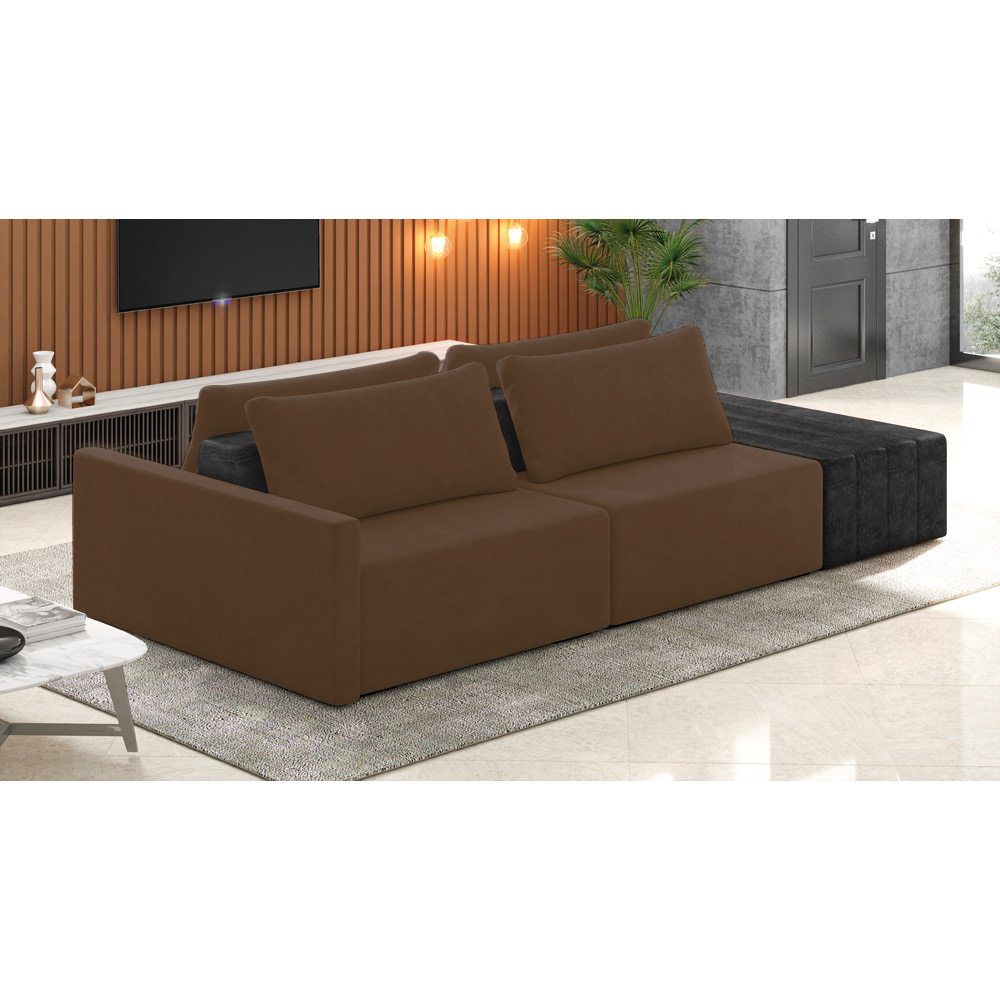 Sofá Ilha 2 Lugares Living 292cm Modulado Sala Lary Veludo Marrom/PU Pto K01 - D'Rossi