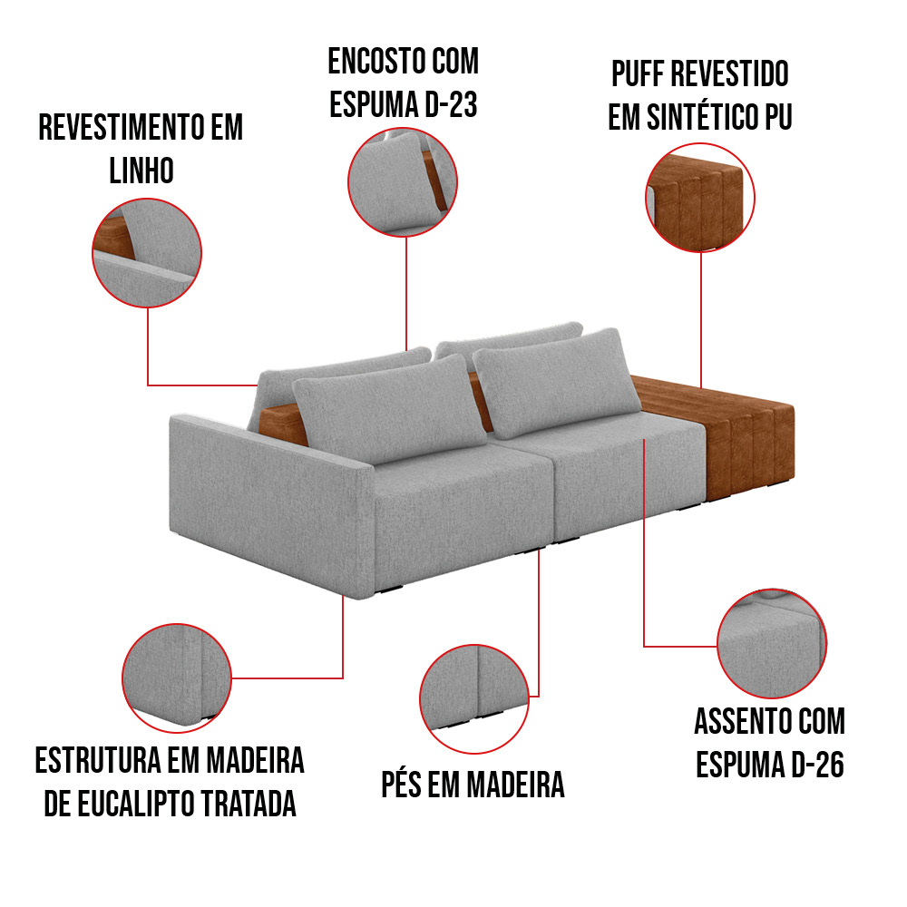 Sofá Ilha 2 Lugares Living 292cm Modulado para Sala Lary Linho Cinza K01 - D'Rossi
