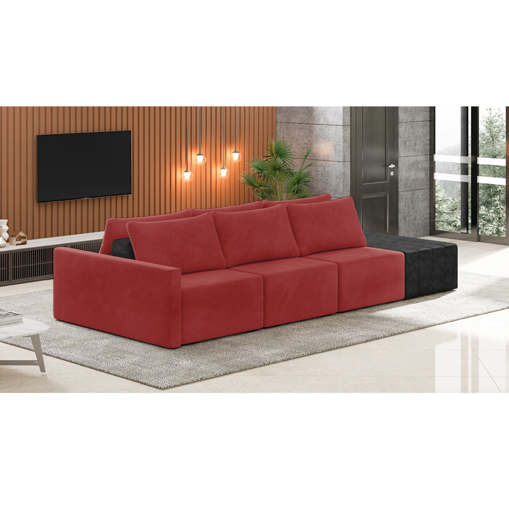Sofá Ilha 3 Lugares Living 342cm Modulado Sala Lary Veludo Vermelho/PU Pto K01 - D'Rossi