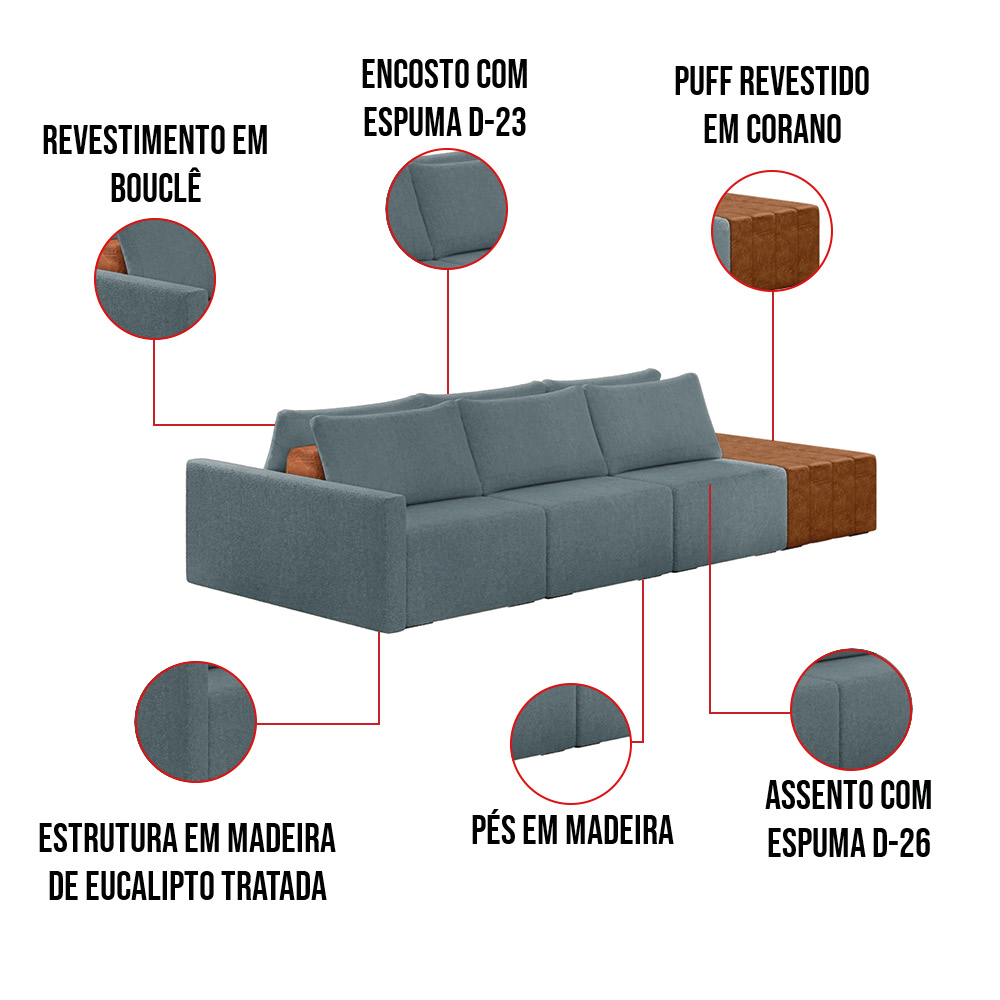 Sofá Ilha 3 Lugares Living 342cm Modulado para Sala Lary Bouclê Azul K01 - D'Rossi