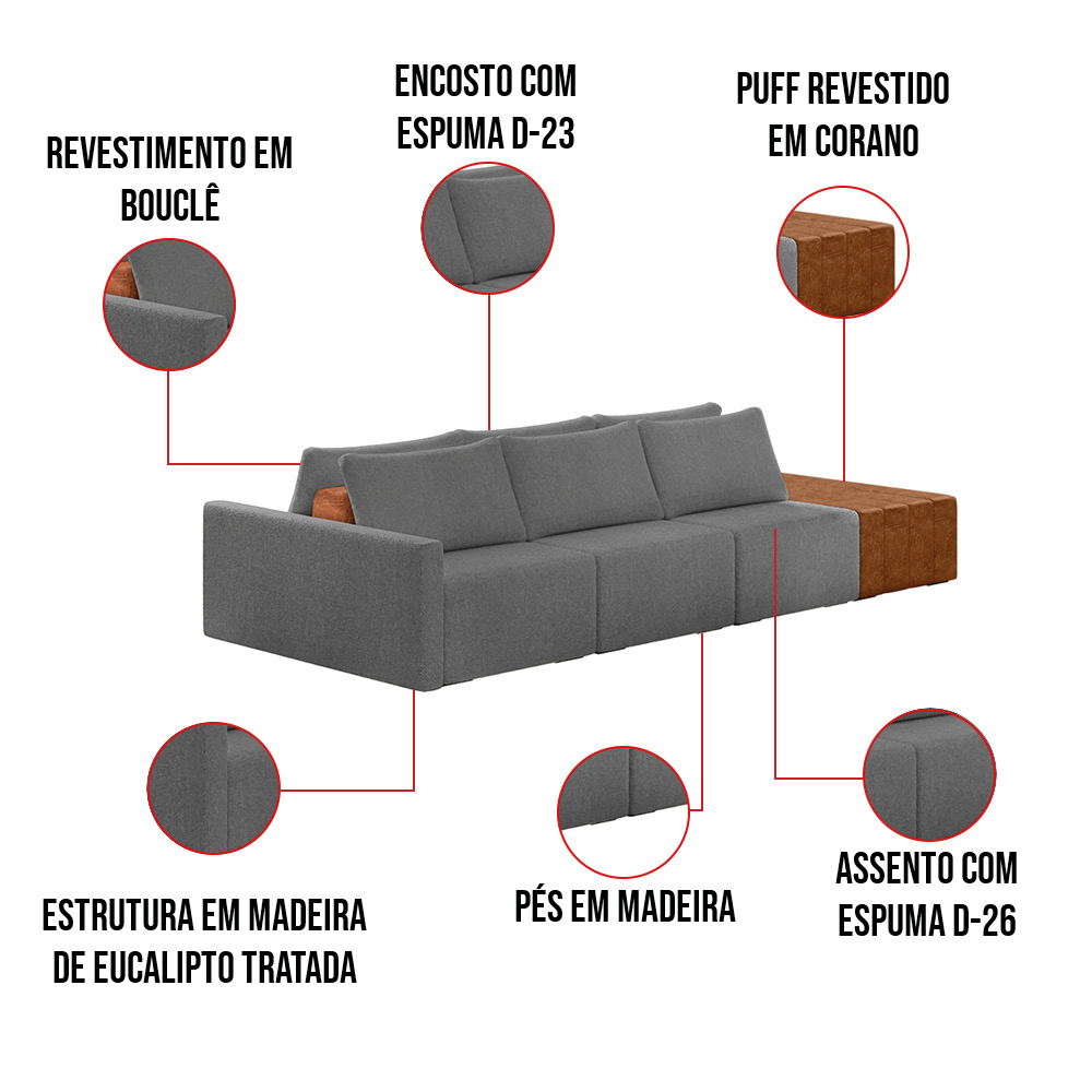 Sofá Ilha 3 Lugares Living 342cm Modulado para Sala Lary Bouclê Cinza K01 - D'Rossi