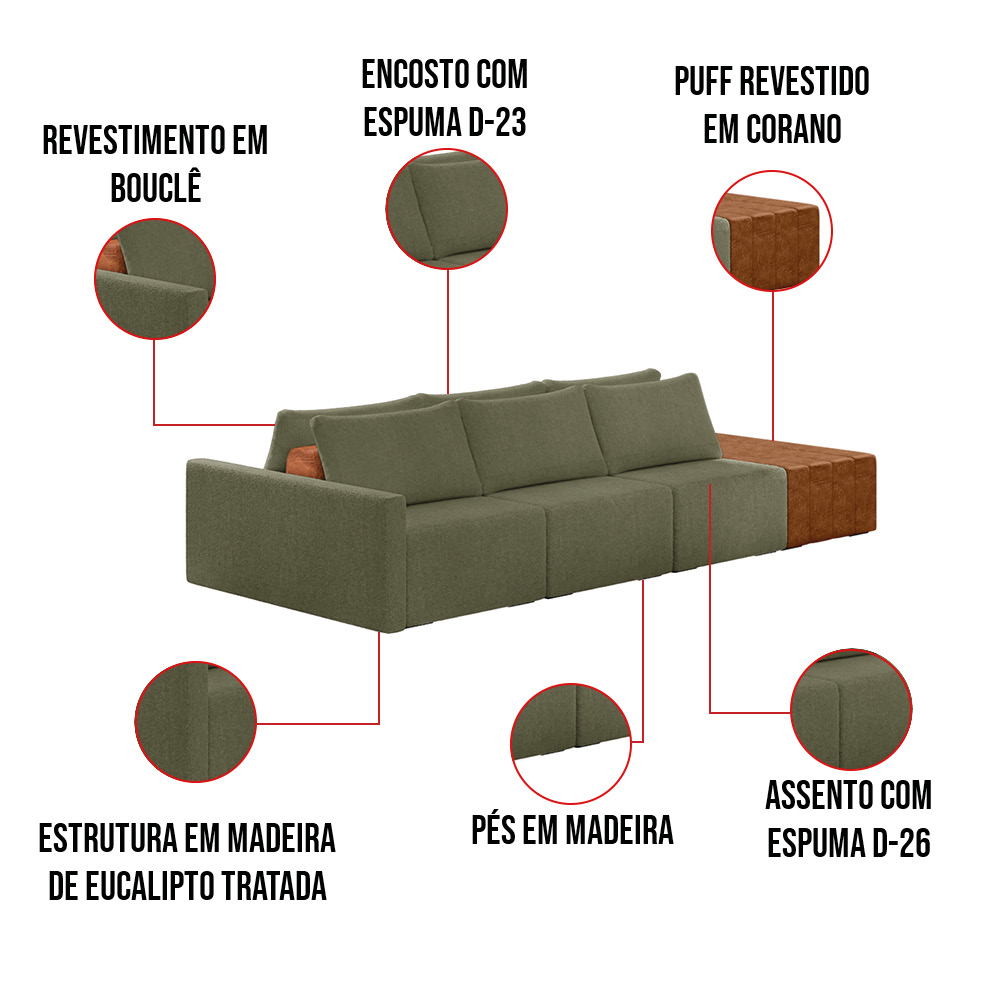 Sofá Ilha 3 Lugares Living 342cm Modulado para Sala Lary Bouclê Verde K01 - D'Rossi