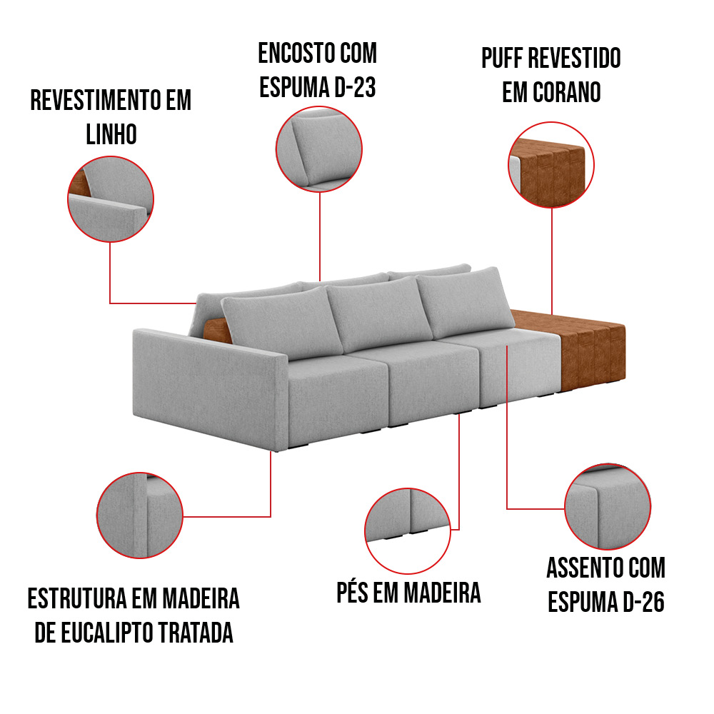 Sofá Ilha 3 Lugares Living 342cm Modulado para Sala Lary Linho Cinza K01 - D'Rossi