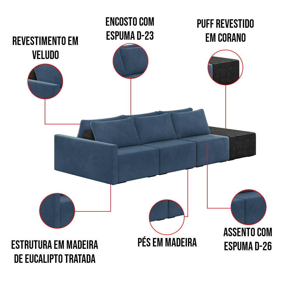 Sofá Ilha 3 Lugares Living 372cm Modulado Sala Lary Veludo Azul Marinho/PU Pto K01 - D'Rossi