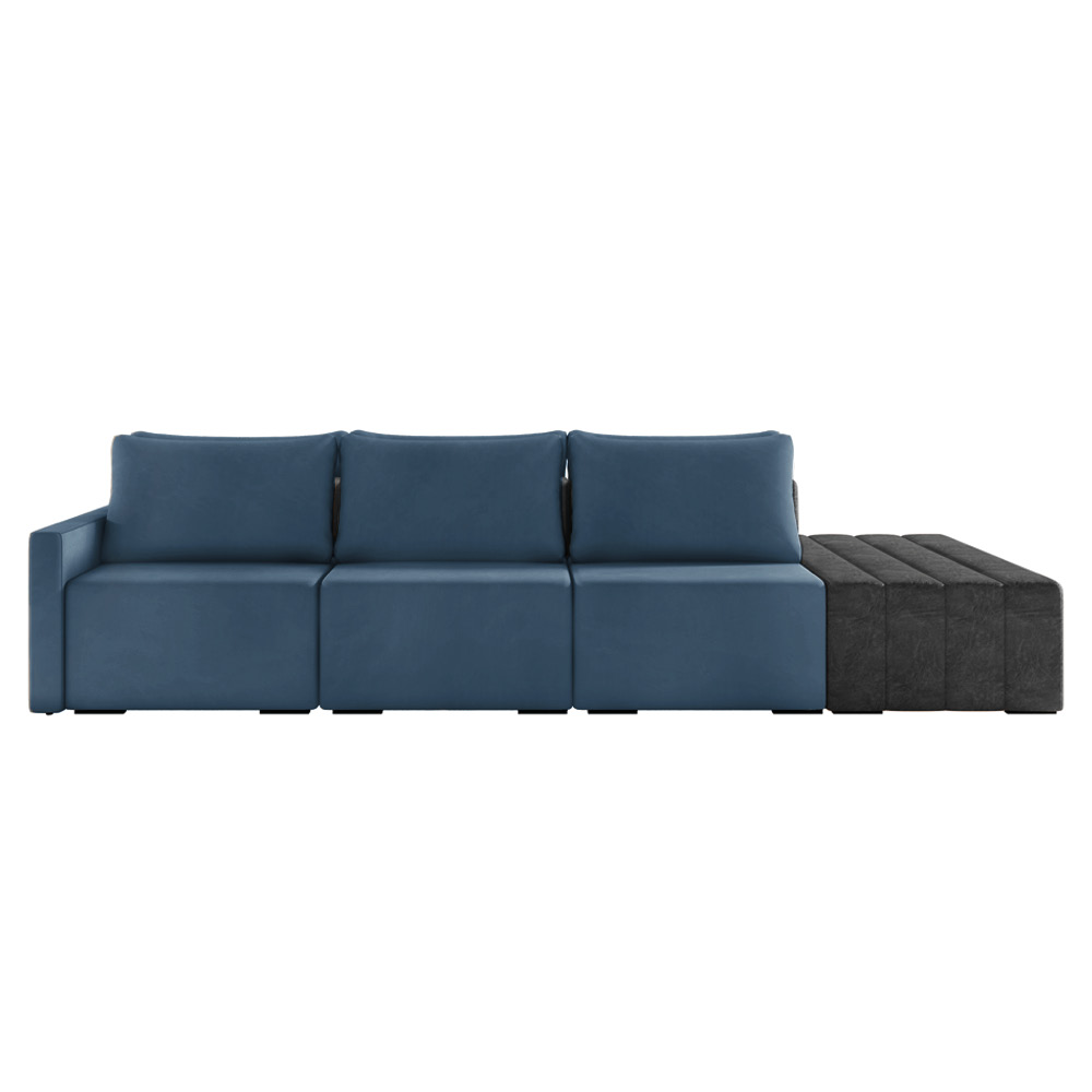 Sofá Ilha 3 Lugares Living 372cm Modulado Sala Lary Veludo Azul Marinho/PU Pto K01 - D'Rossi