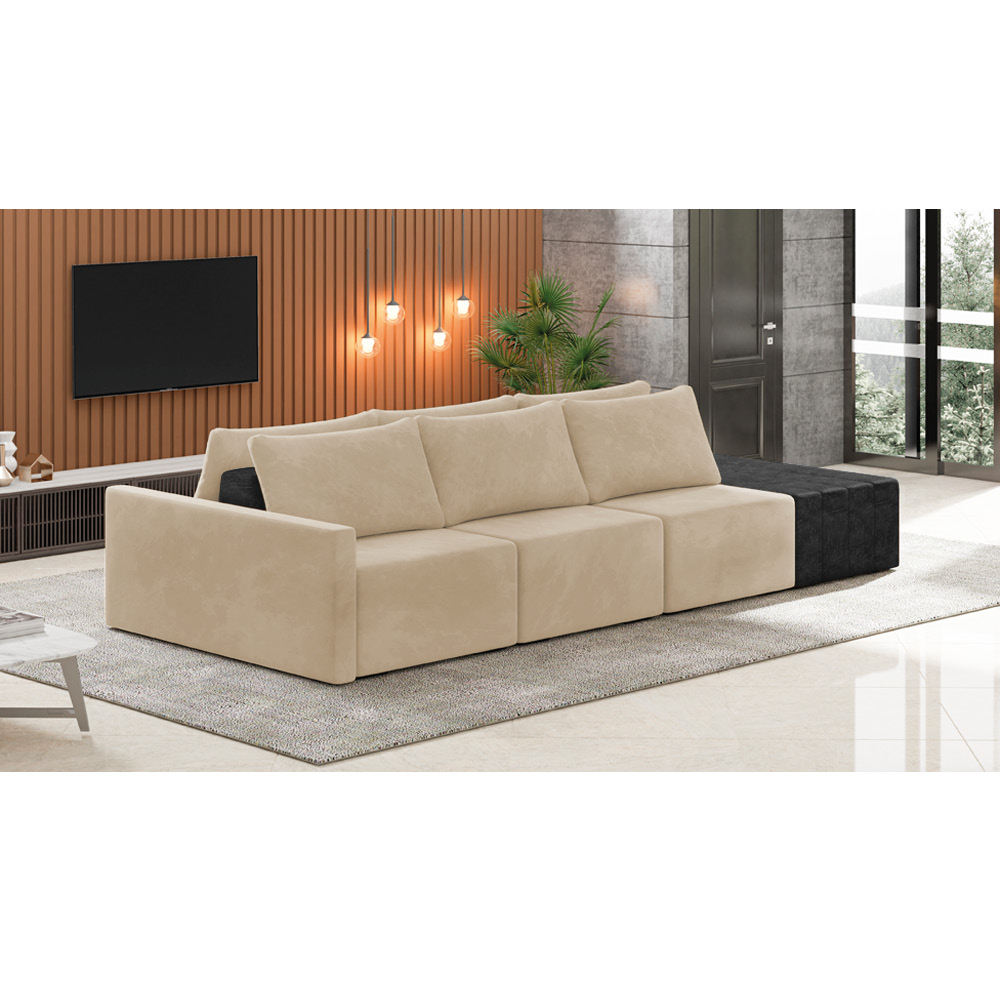 Sofá Ilha 3 Lugares Living 372cm Modulado Sala Lary Veludo Bege/PU Pto K01 - D'Rossi