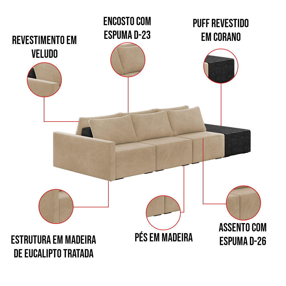 Sofá Ilha 3 Lugares Living 372cm Modulado Sala Lary Veludo Bege/PU Pto K01 - D'Rossi