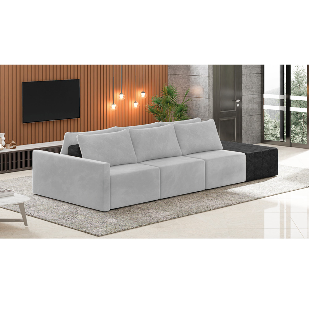 Sofá Ilha 3 Lugares Living 372cm Modulado Sala Lary Veludo Cinza/PU Pto K01 - D'Rossi