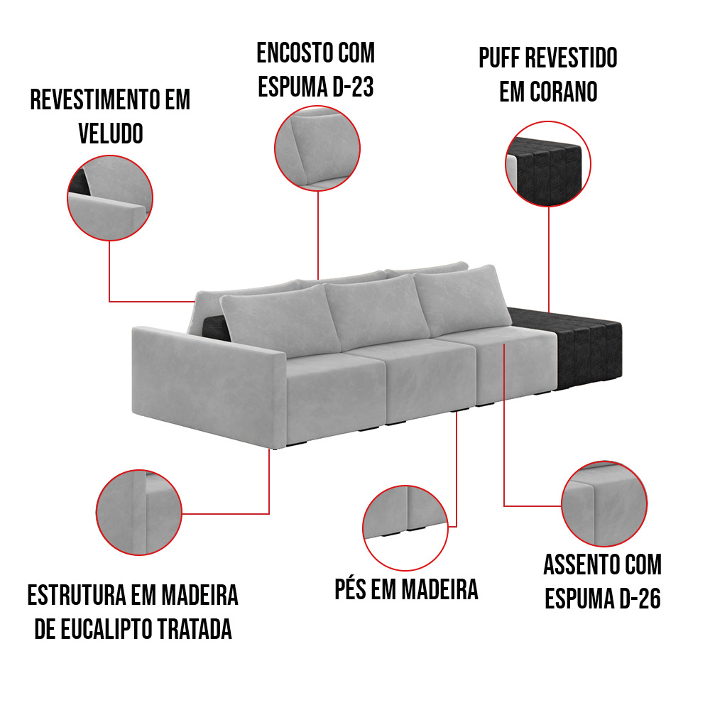Sofá Ilha 3 Lugares Living 372cm Modulado Sala Lary Veludo Cinza/PU Pto K01 - D'Rossi