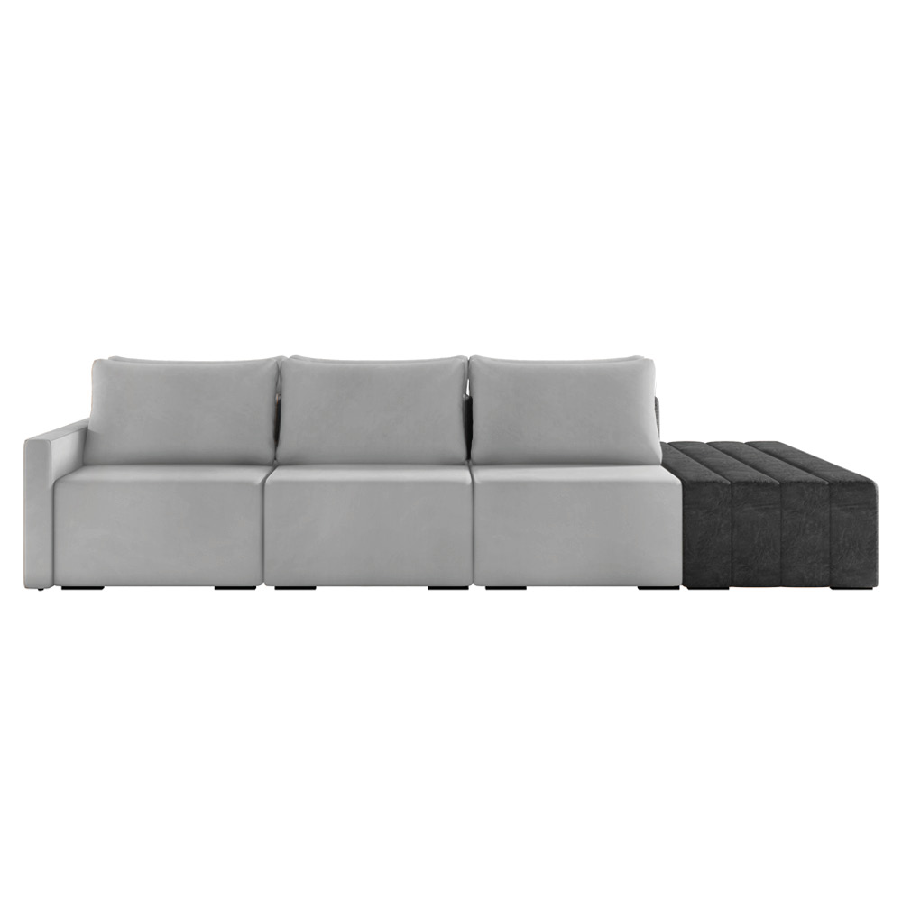 Sofá Ilha 3 Lugares Living 372cm Modulado Sala Lary Veludo Cinza/PU Pto K01 - D'Rossi