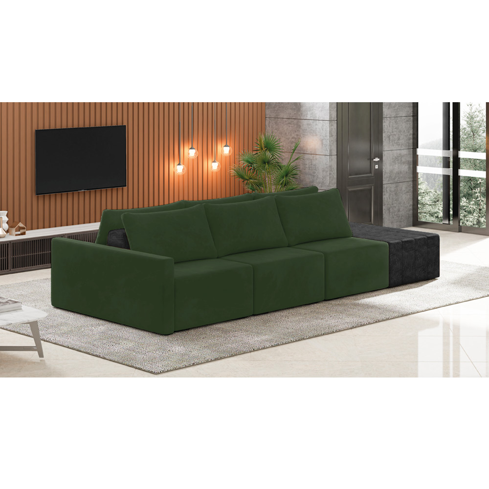 Sofá Ilha 3 Lugares Living 372cm Modulado Sala Lary Veludo Verde/PU Pto K01 - D'Rossi