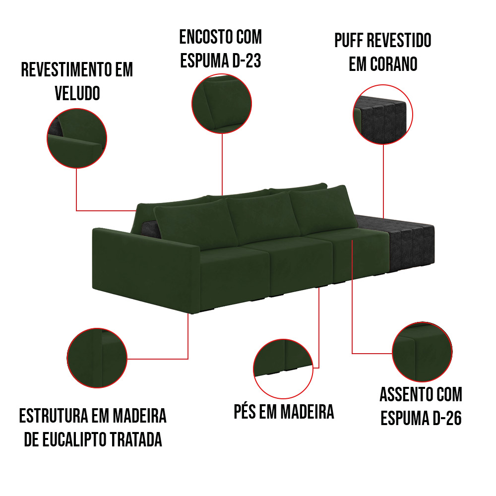 Sofá Ilha 3 Lugares Living 372cm Modulado Sala Lary Veludo Verde/PU Pto K01 - D'Rossi