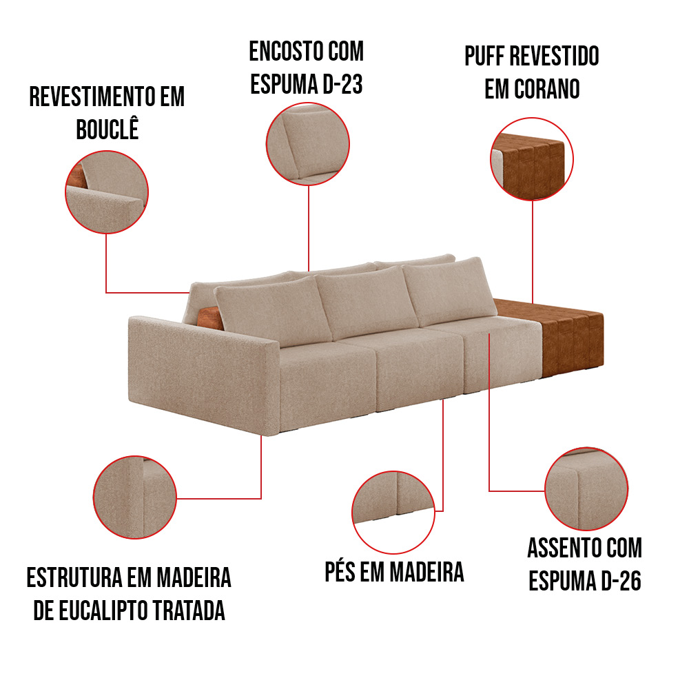 Sofá Ilha 3 Lugares Living 372cm Modulado para Sala Lary Bouclê Creme K01 - D'Rossi