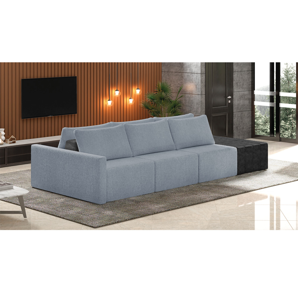 Sofá Ilha 3 Lugares Living 372cm Modulado para Sala Lary Linho Azul/PU Pto K01 - D'Rossi