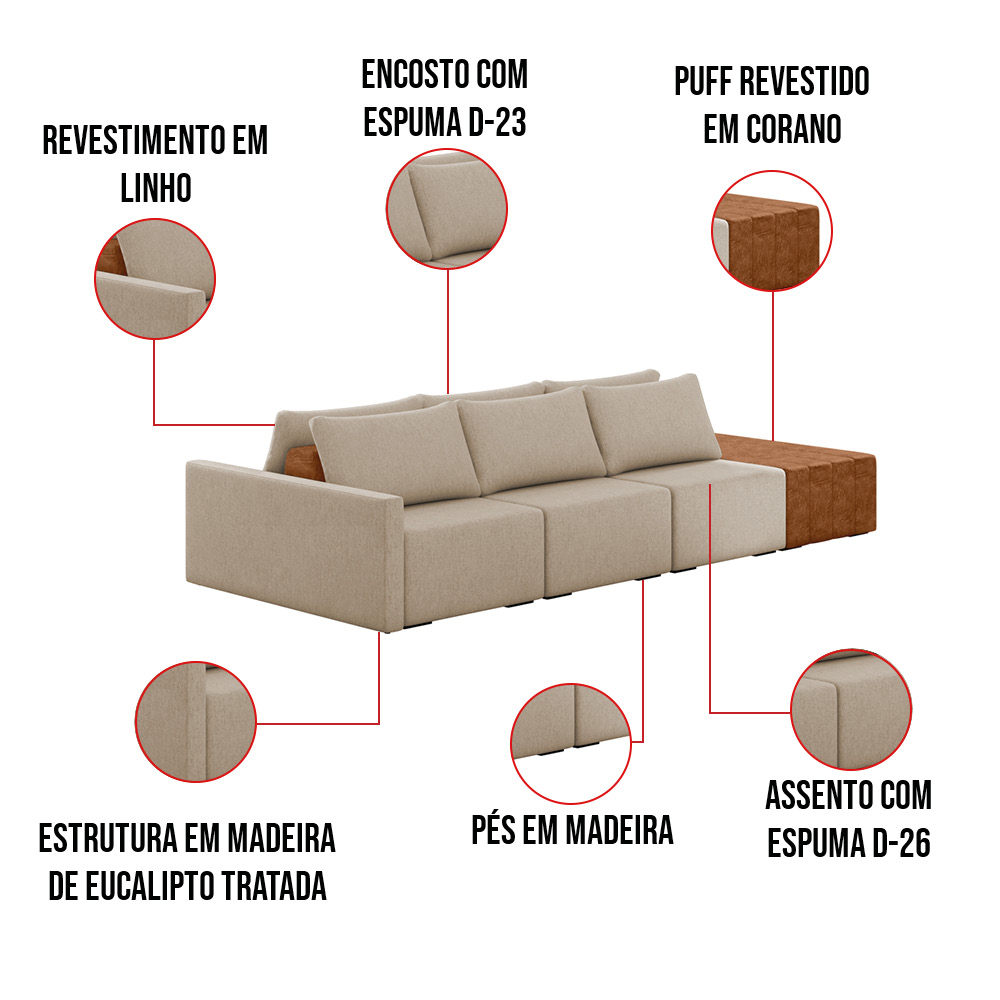 Sofá Ilha 3 Lugares Living 372cm Modulado para Sala Lary Linho Bege K01 - D'Rossi