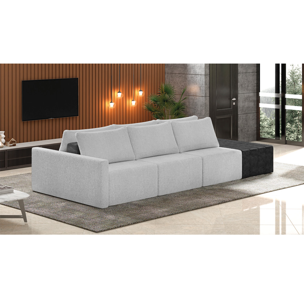 Sofá Ilha 3 Lugares Living 372cm Modulado para Sala Lary Linho Cinza/PU Pto K01 - D'Rossi