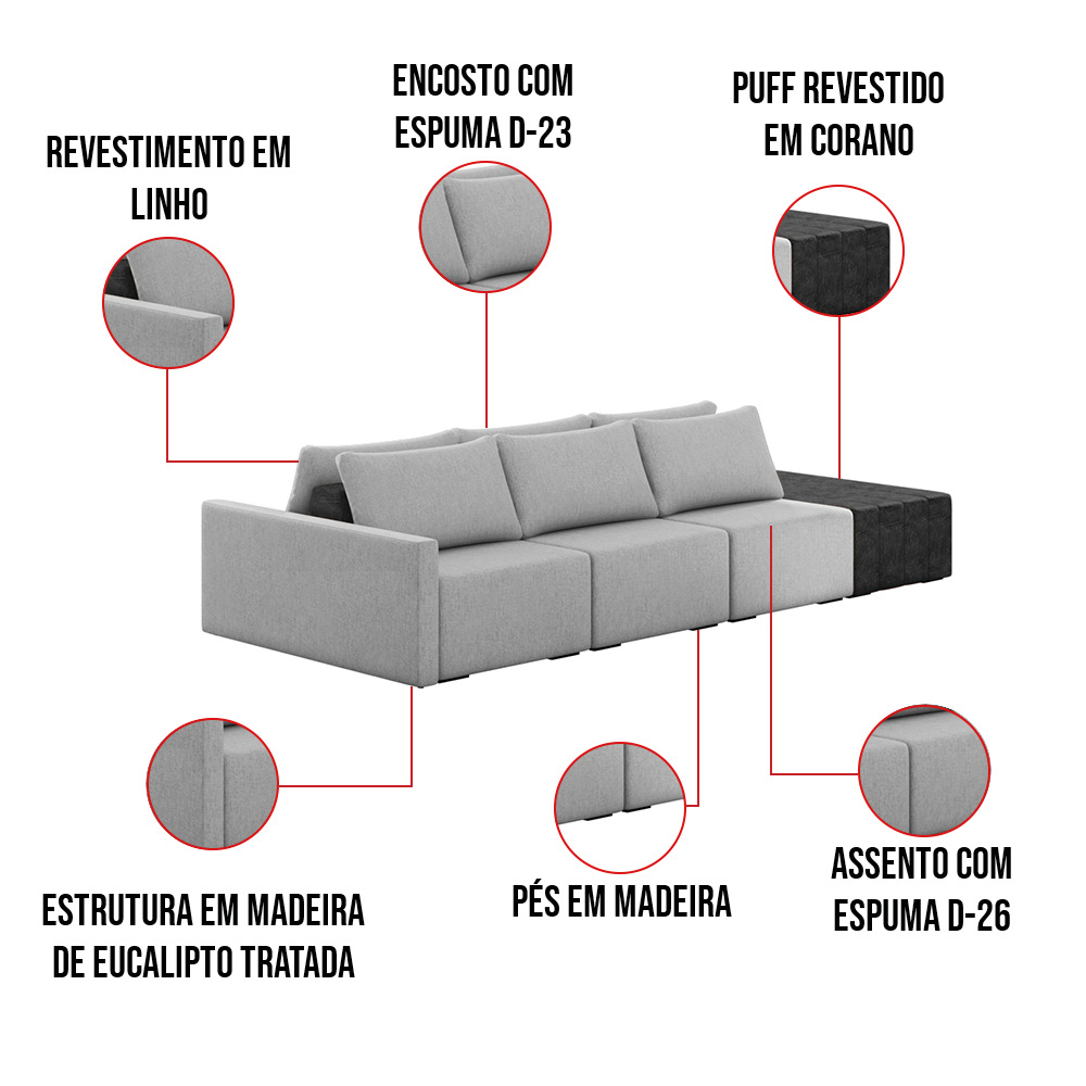 Sofá Ilha 3 Lugares Living 372cm Modulado para Sala Lary Linho Cinza/PU Pto K01 - D'Rossi