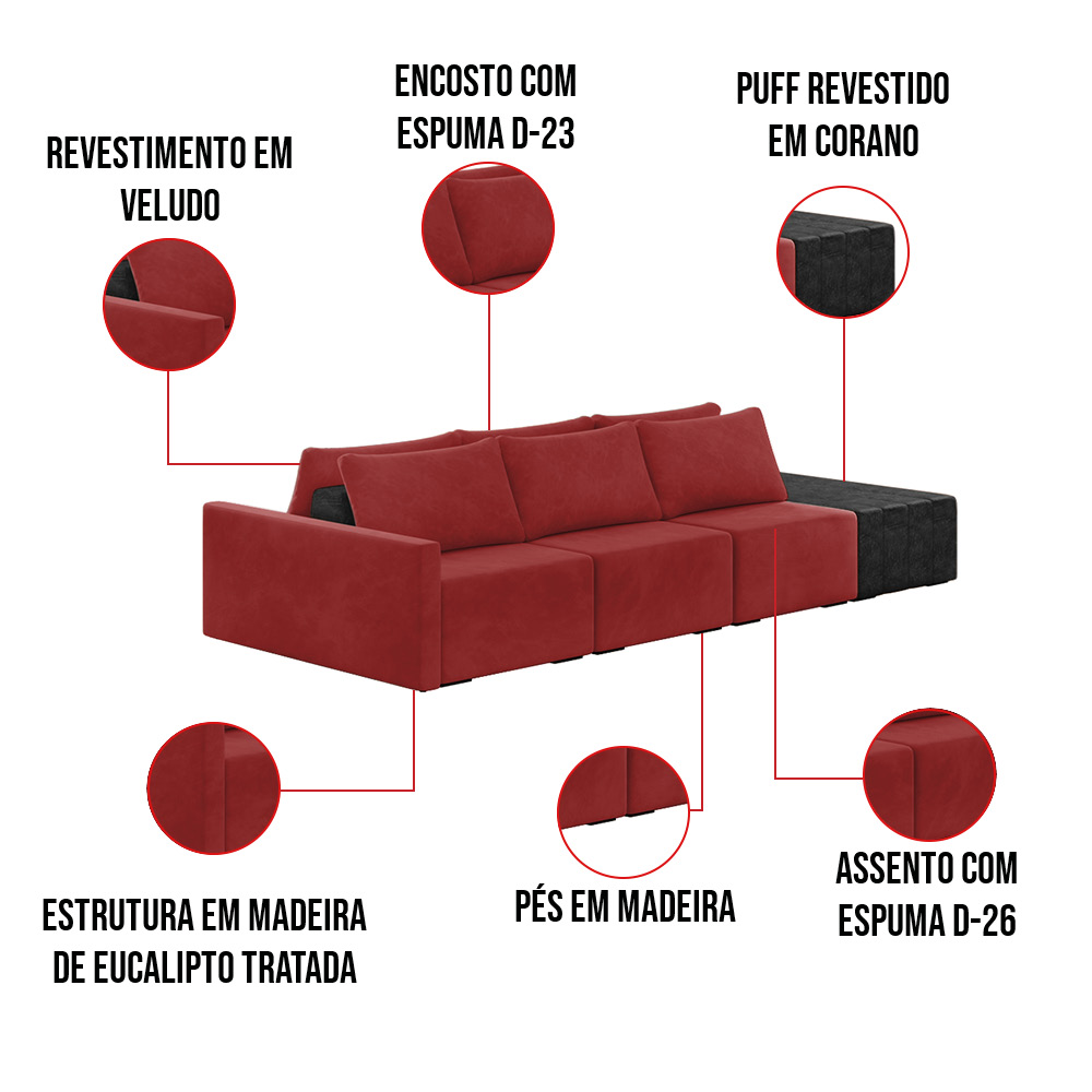 Sofá Ilha 3 Lugares Living 402cm Modulado Sala Lary Veludo Vermelho/PU Pto K01 - D'Rossi