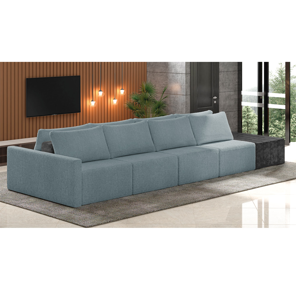 Sofá Ilha 4 Lugares Living 392cm Modulado Sala Lary Bouclê Azul/PU Pto K01 - D'Rossi