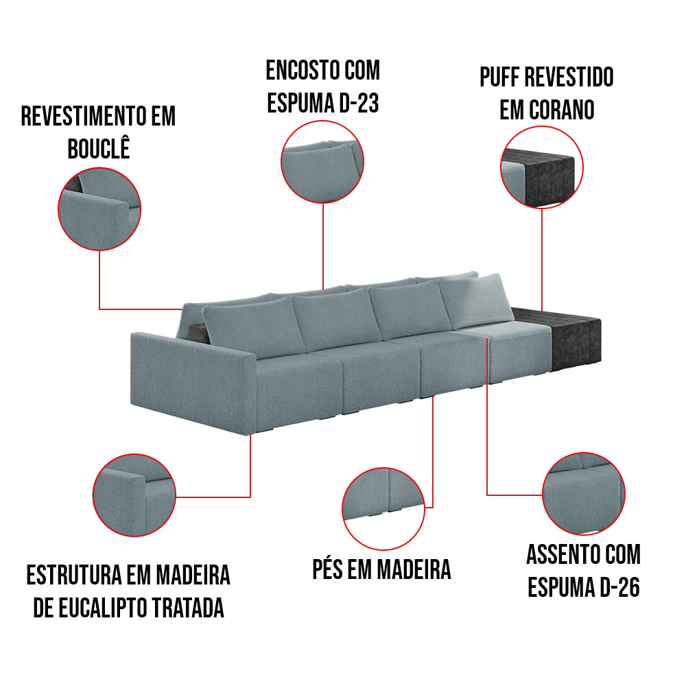 Sofá Ilha 4 Lugares Living 392cm Modulado Sala Lary Bouclê Azul/PU Pto K01 - D'Rossi